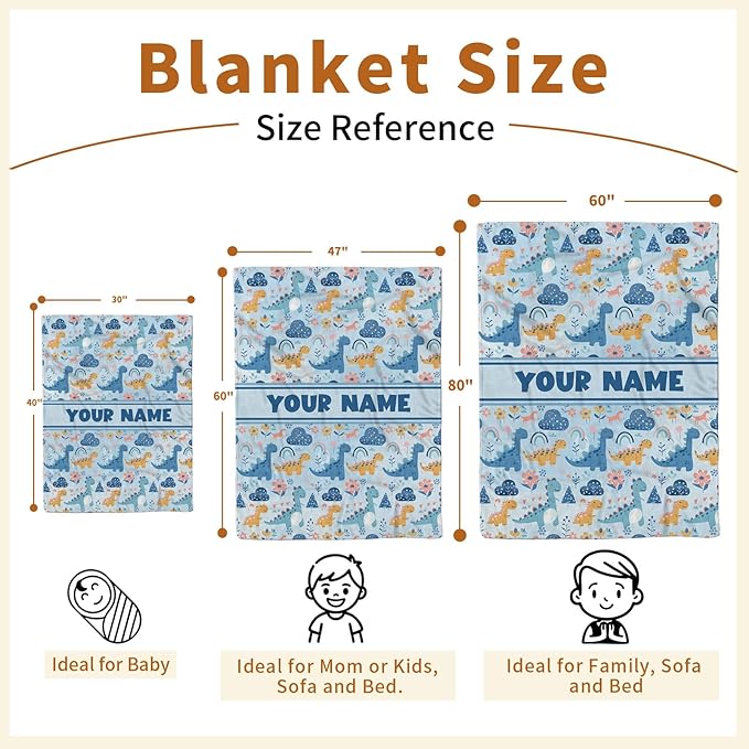 Personalized Baby Blankets for Boys Girls, Custom Baby Blanket with Name, Receiving Swaddle Blanket Suitable for Infants & Toddler, Nursery Newborn Baby Crib, Dino(30”x40)