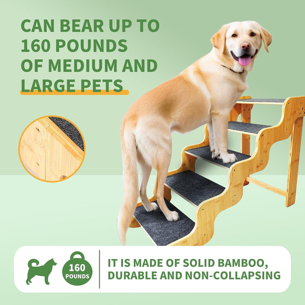 Dog Steps for Bed,24 Inches 5 Step Dog Stairs for Senior Pets to Get On 30 Inches High Beds/Car,Made of Bamboo Can Support Large Dogs Weighing Up to 160 LB