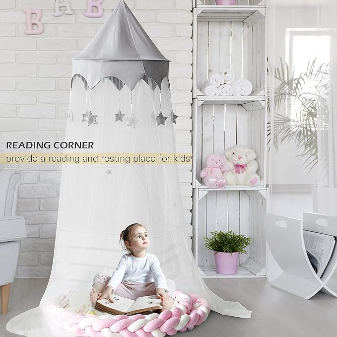 Canopy for Kids Bed with Stars, Crib Canopy with Dome, Elegant Net Hanging Fairy Girl Bed Canopy Princess Room Decoration Reading Nook Corner Curtain Fits Full Crib, Twin, Queen Play Castle Tent