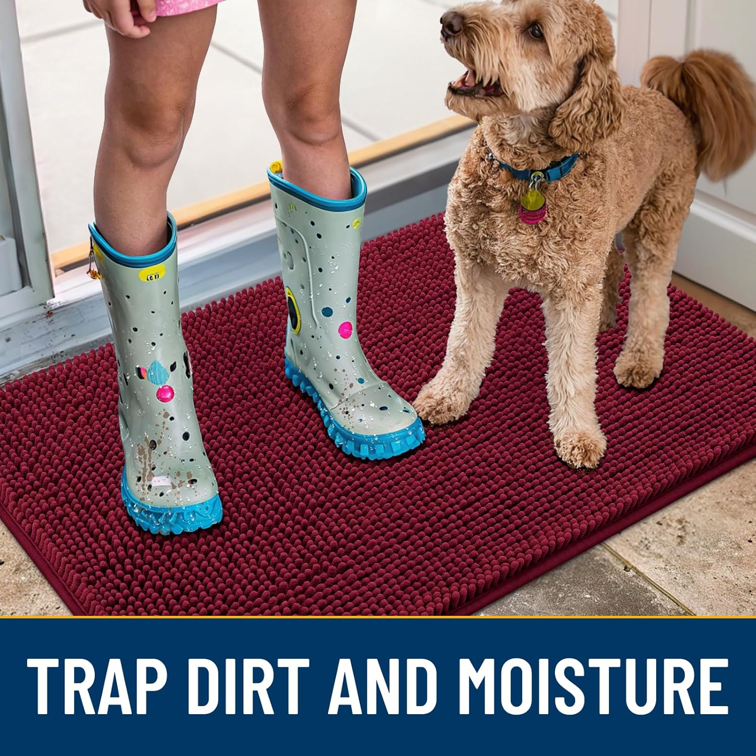 Smiry Dog Door Mat for Muddy Paws 30x20, Absorbs Moisture and Dirt Doormat, Non-Slip Washable Quick Dry Chenille Front Door Mat Indoor Entrance, Entryway Carpet for Inside Floor, Burgundy