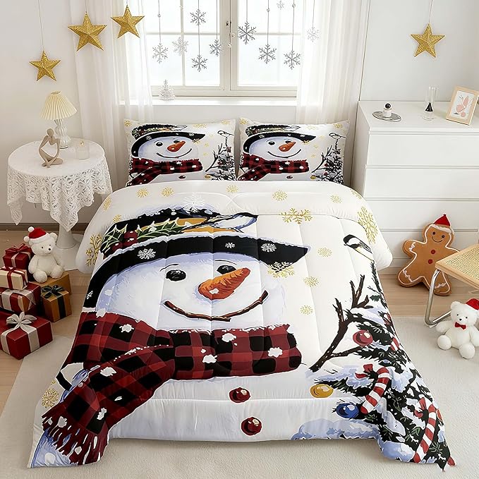 Feelyou Kids Christmas Theme Decorations Bedding Set Xmas Snowman Comforter Set for Boys Girls Snowflake Kawaii Cute Beige Golden Bedroom Collection Twin Size