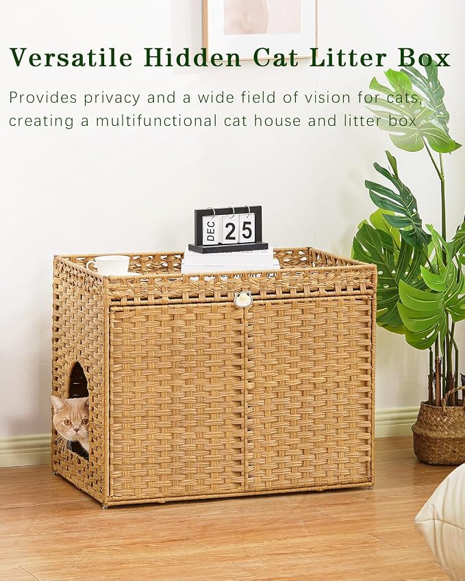 SETVSON Cat Litter Box Enclosure Furniture, Handwoven Rattan Hidden Litter Box - Image 7