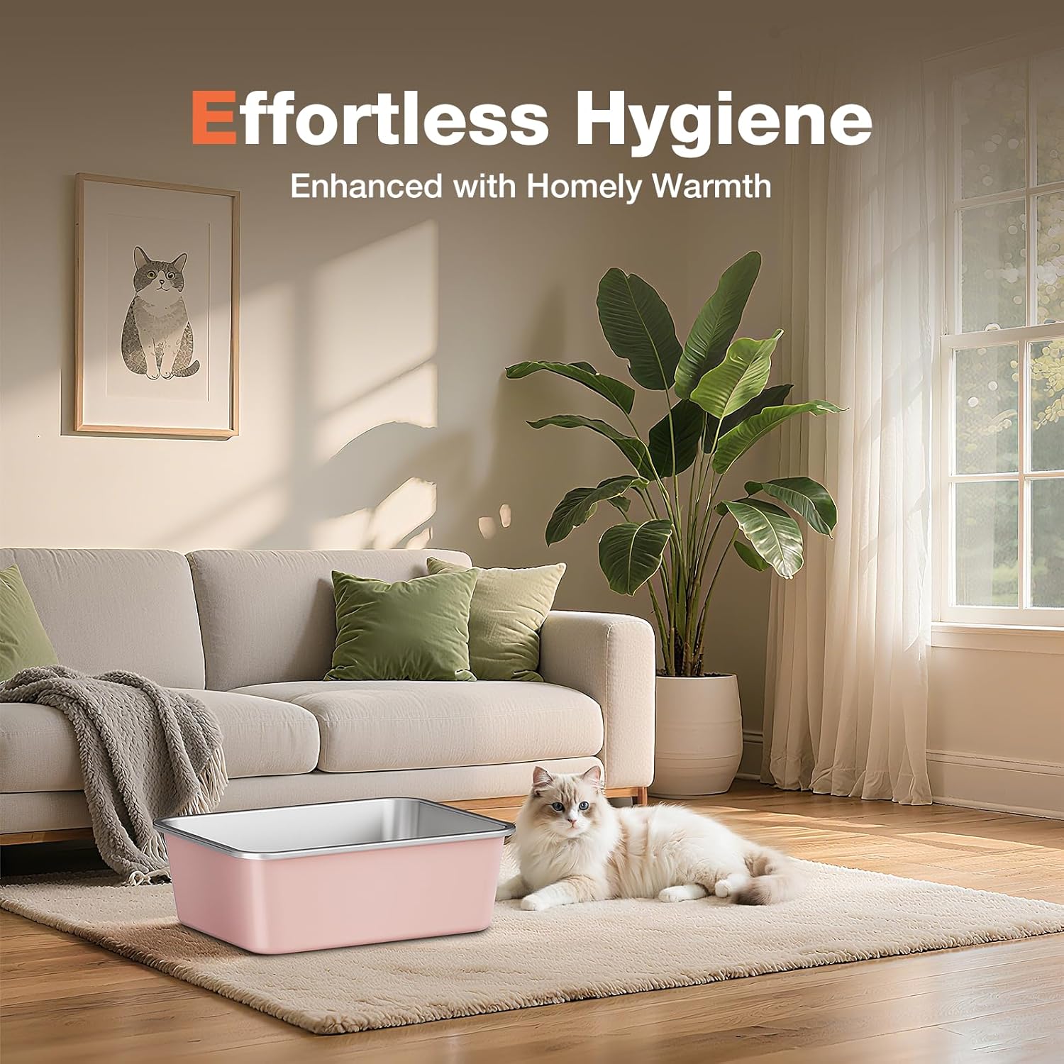 Stainless Steel Litter Box, Large Metal Cat Litter Box with High Sided for Big and Small Cats, Non-Stick, Easy to Clean, Odor-Free, 23.4" L×15.6" W×5.9" H, Blush Pink