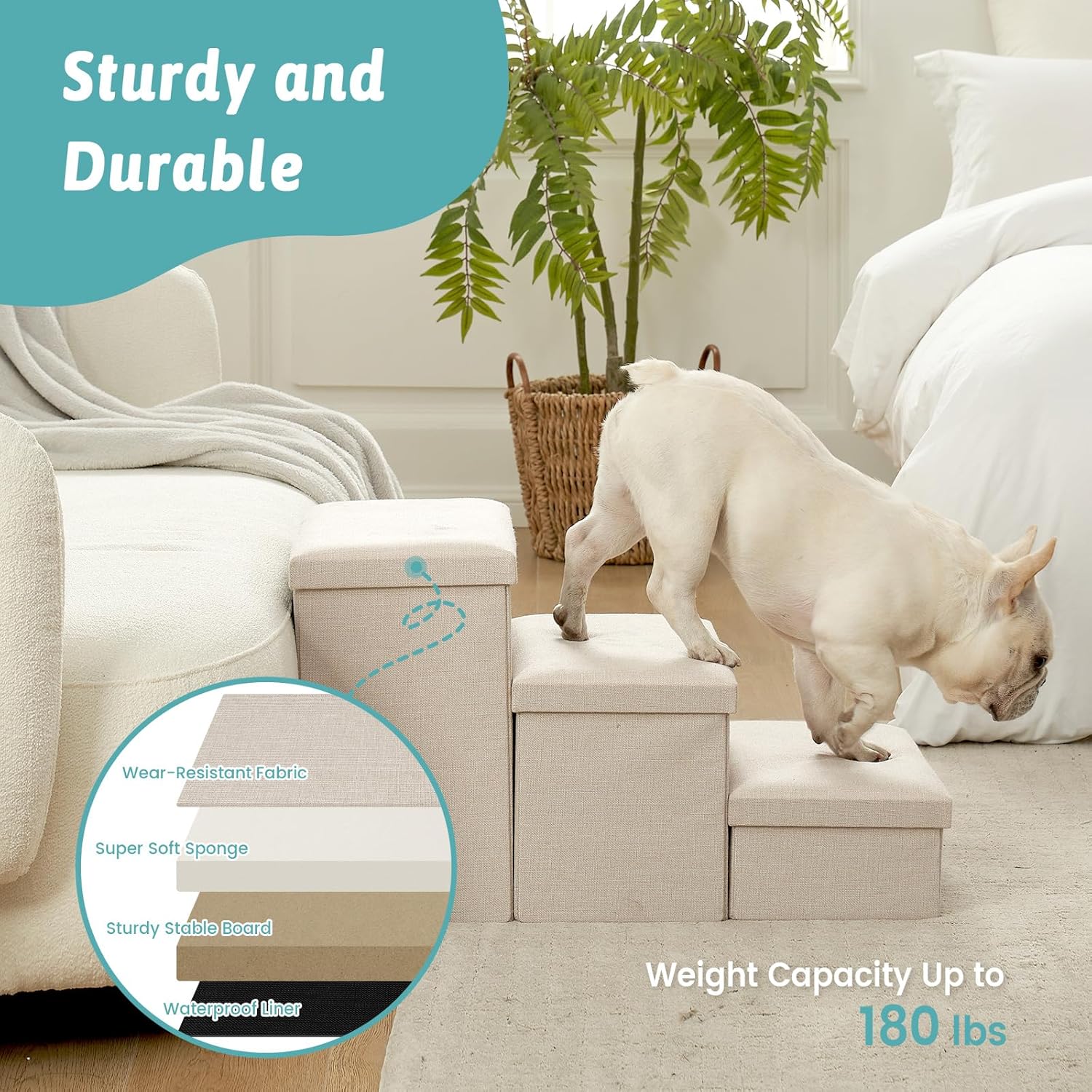 Dog Stairs with Storage, 3-Step Wider Sturdy Dog Steps for Small/Medium/Large Dogs and Older Cats, Folding Doggie Ramp for Bed/Couch/Car Hold Up to 180 lbs (16.7" H, Beige)