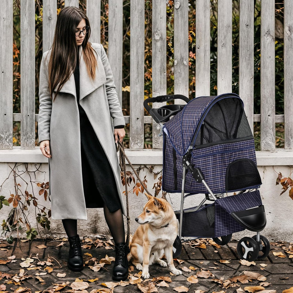 MoNiBloom 3 Wheels Pet Dog Cat Stroller for Small Medium Dogs Cats, Lightweight Foldable Jogger Stroller w/Storage Basket and Cup Holder, Plaid