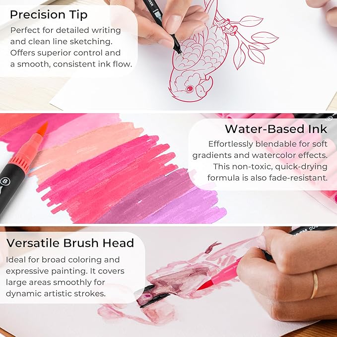 Pink Duo Tip Marker Pens, 12 Pack Fine & Brush Markers for Adult Coloring Books No Bleeding, Blushing Pink Markers for Romantic Illustrations, Floral Designs, Cute Doodling and Lettering