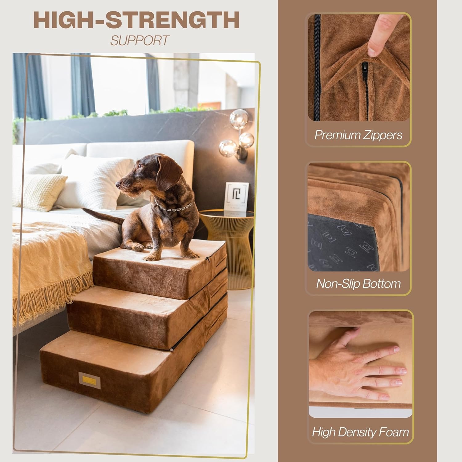 All-in-One Adjustable Dog Stairs – 5-Step Premium Pet Ramp for Small to Large Dogs – Sturdy, Non-Slip & Versatile for Beds, Sofas & More - Soft Cover, Modern Design (Brown)