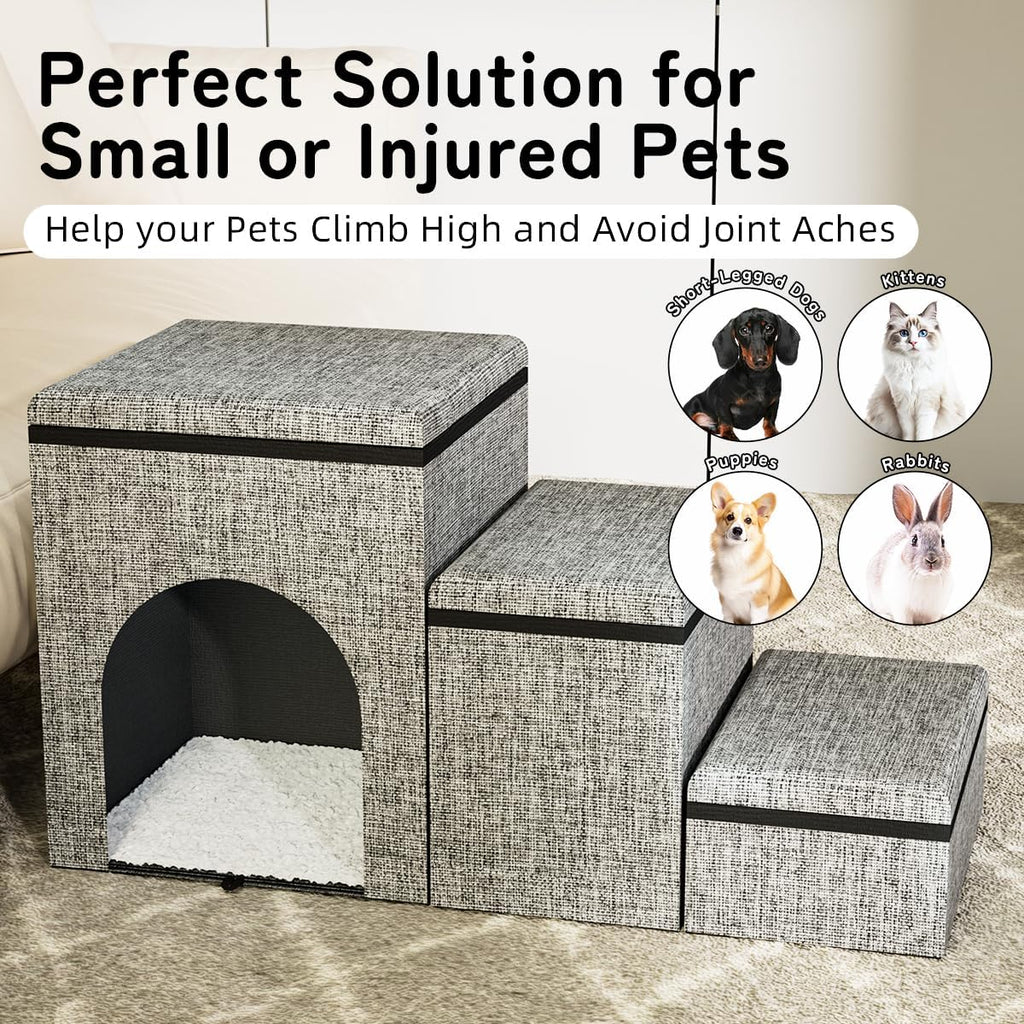 Dog Stairs with Storage, 3-Step Wider Dog Steps with Condo for Dogs and Cats, Pet Stairs for High Bed Climbing, Grey