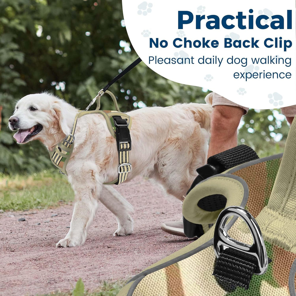 Funfox Dog Harness No Pull, Adjustable Pet Vest Harness, Super Soft Material with Vertical Handle Easy Control, Reflective Night Walking, 2 Leash Clips for Small Sized Dogs, Camo Green, S