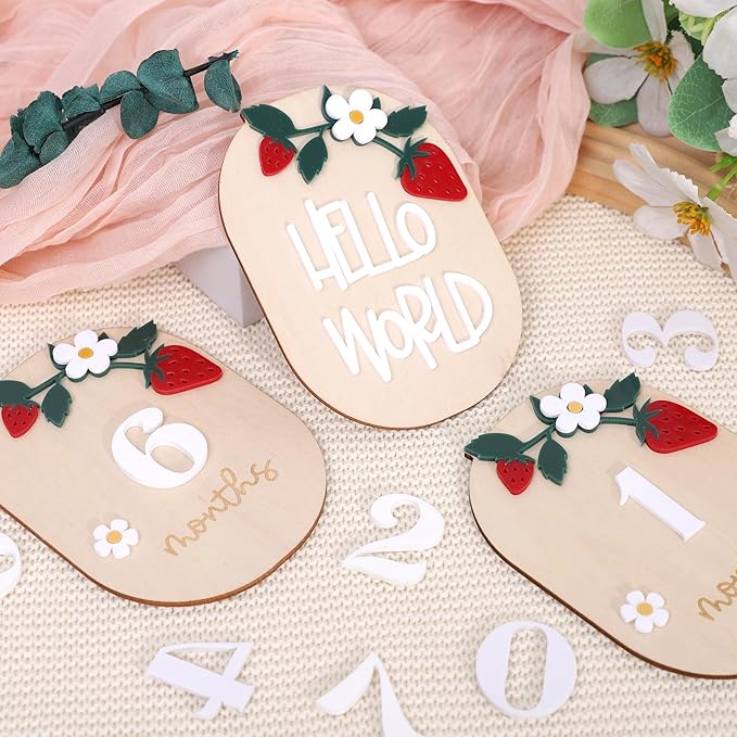 Strawberry Monthly Milestone Cards – Berry Sweet Baby Photo Props, Wooden Newborn Welcome Sign, 3 PCS Wooden and Acrylic Monthly Milestone and Hello World Boards, Month Growth Markers