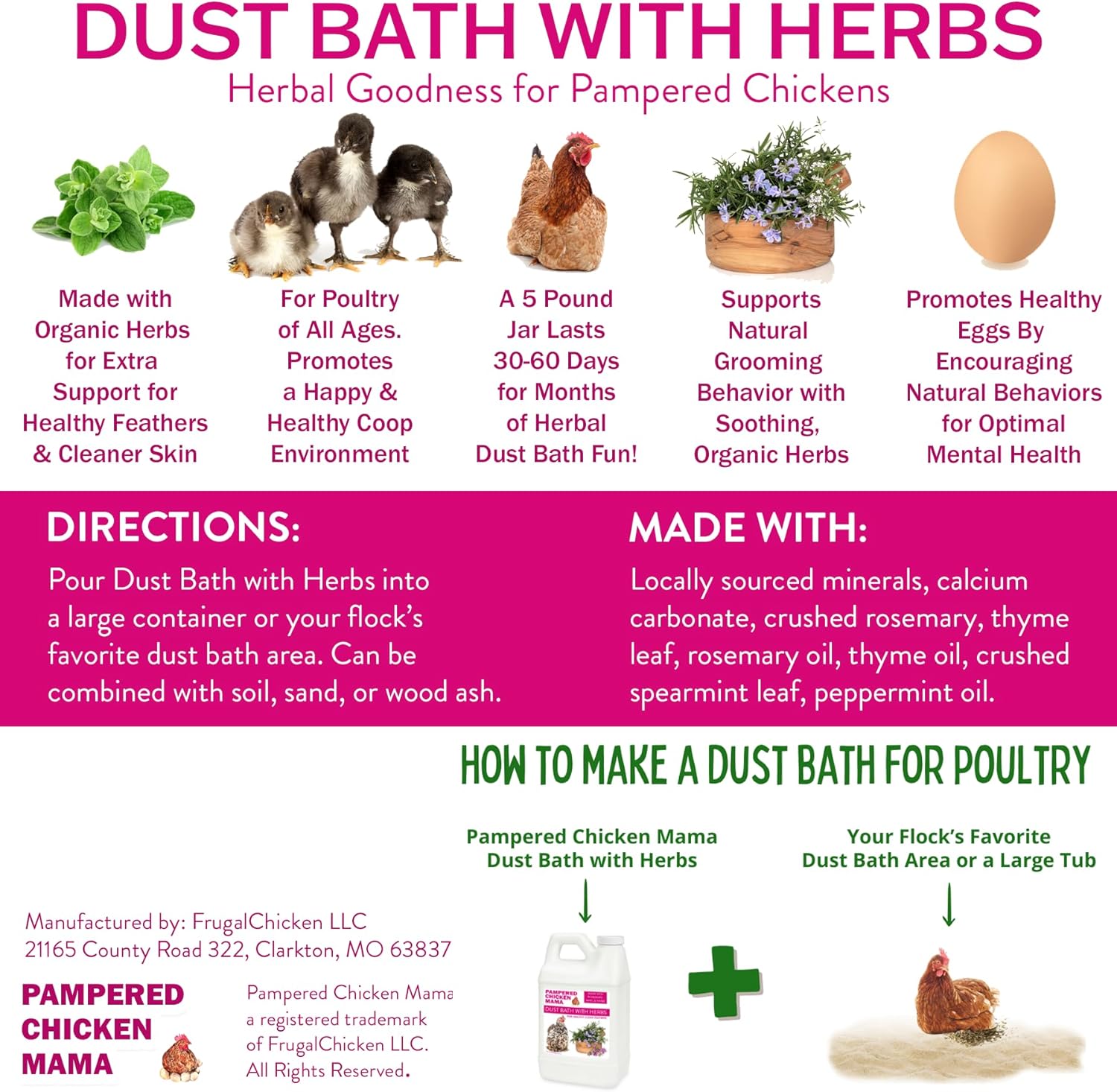 20.5 lb Pampered Chicken Mama Dust Bath with Organic Herbs & Essential Oils for Chickens, Quail, & Poultry | Dust Bath for Chickens to Keep Feathers Clean & Healthy