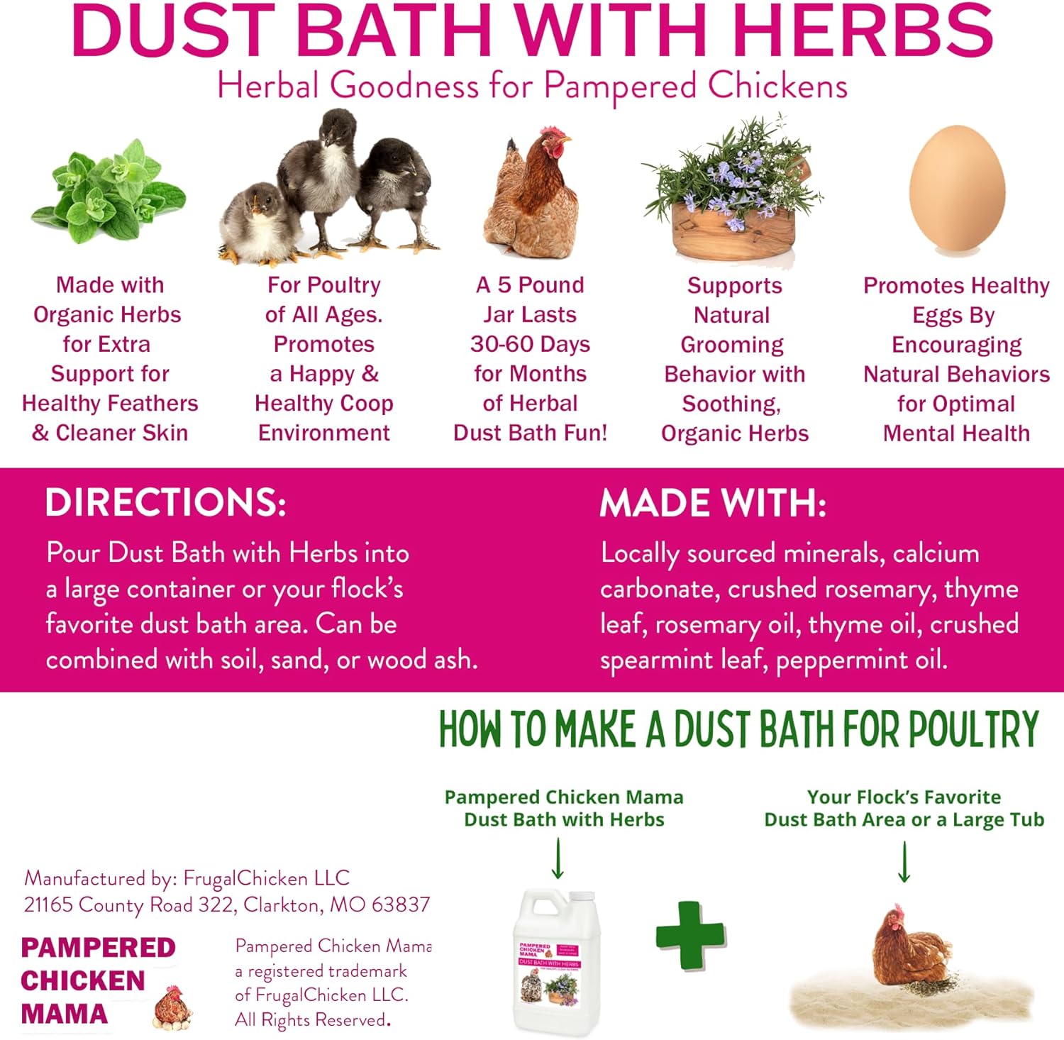 Pampered Chicken Mama 6 lb Dust Bath with Organic Herbs & Essential Oils for Chickens, Quail, & Poultry | Dust Bath for Chickens to Keep Feathers Clean & Healthy