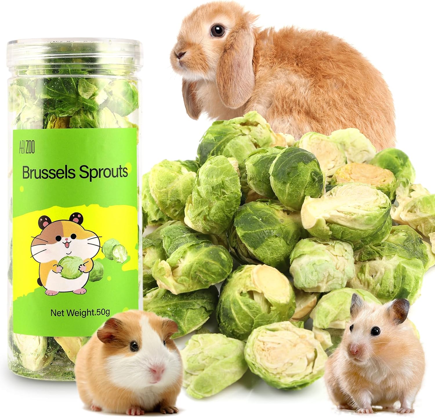 Abizoo Freeze Dried Brussels Sprouts Rabbit and Hamster Chew Treats Resealable Jar for Hamsters Bunny Guinea Pigs Groundhogs Natural Fiber Vitamin Snacks