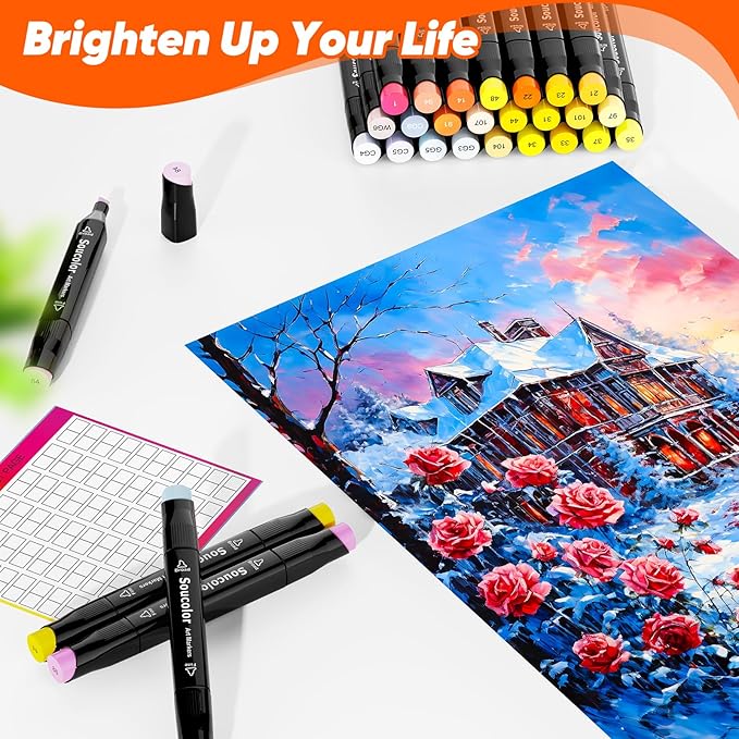 Soucolor Alcohol Markers Set, 60 Colors Dual Tip Art Alcohol Markers, School Office Teacher Supplies for Kids and Adults Coloring Drawing Sketching Book Painting Card Making Illustration