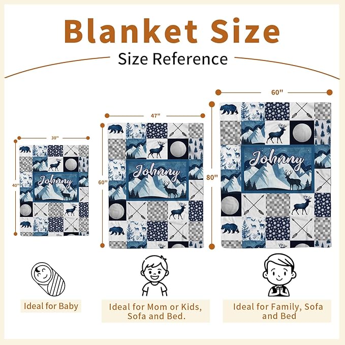 Personalized Baby Blankets for Girls Boys, Custom Blue Deer Baby Blanket with Name for Kids, Flannel Bed Throw Blanket for Newborn, Customized Gifts for Baby Shower Nursery Blanket(30”x40)