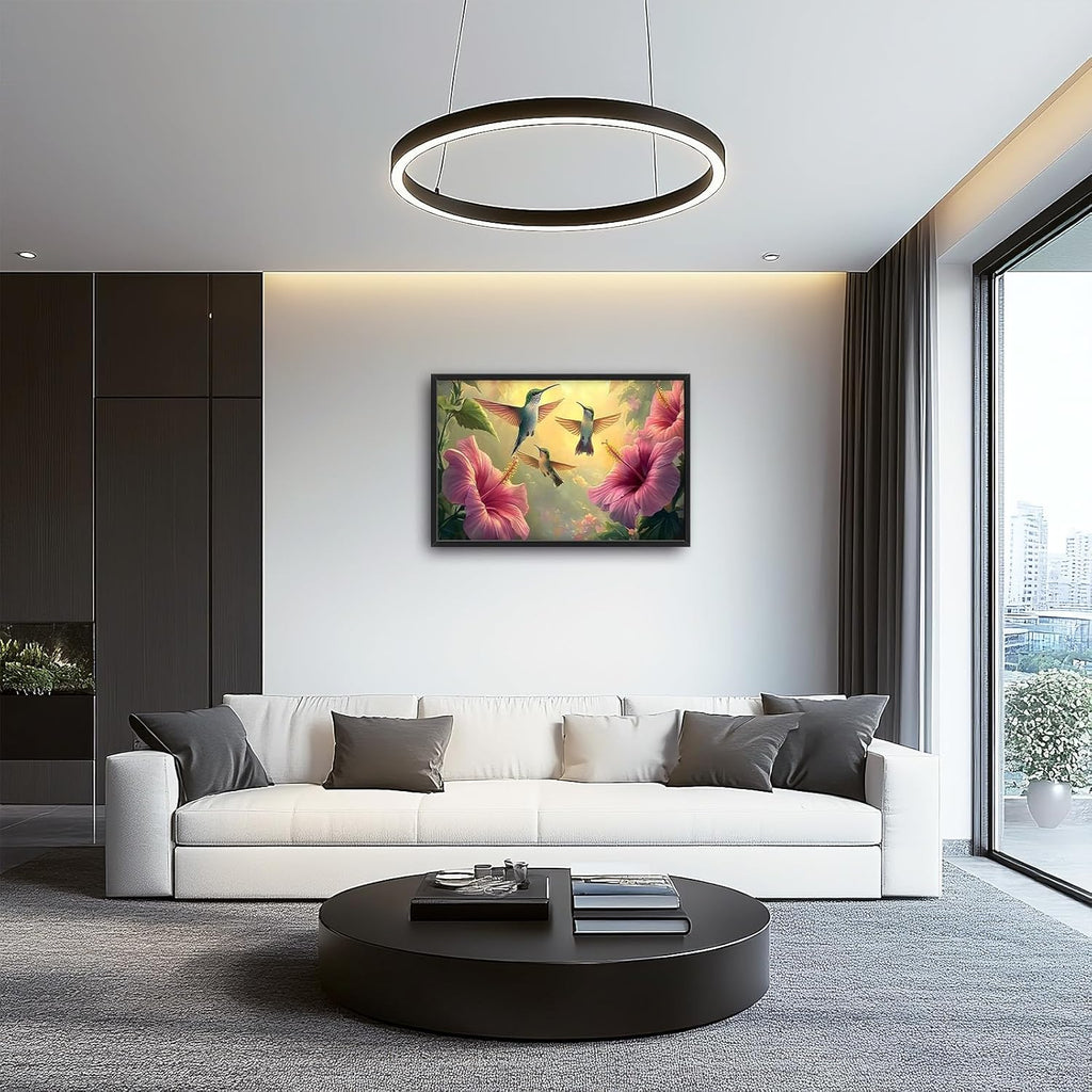 Framed Large Hummingbird Wall Art for Living Room, Oversized Rustic Bird Flower Wall Decor Floral Canvas Painting Nature Sunrise Pictures Modern Artwork for Bedroom Office Dinging Room 36"x24"