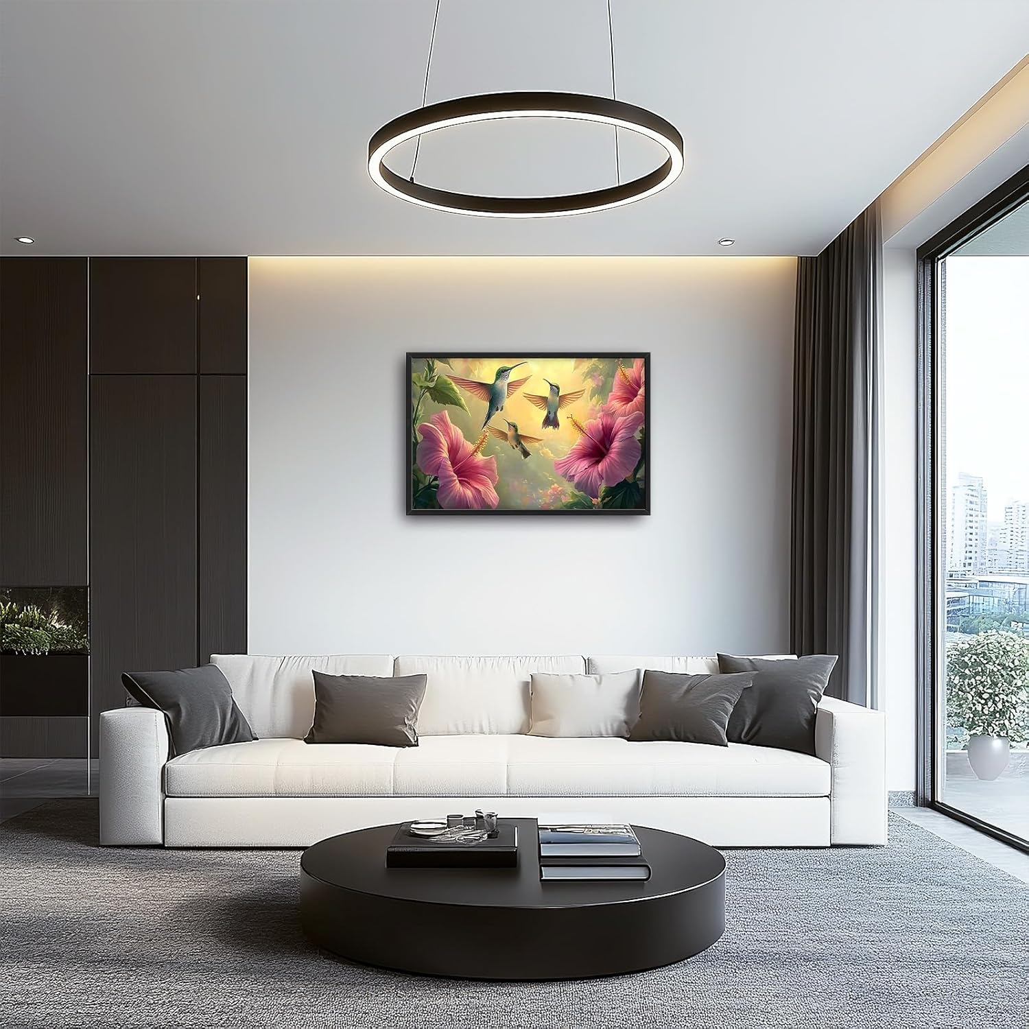 Framed Large Hummingbird Wall Art for Living Room, Oversized Rustic Bird Flower Wall Decor Floral Canvas Painting Nature Sunrise Pictures Modern Artwork for Bedroom Office Dinging Room 36"x24"