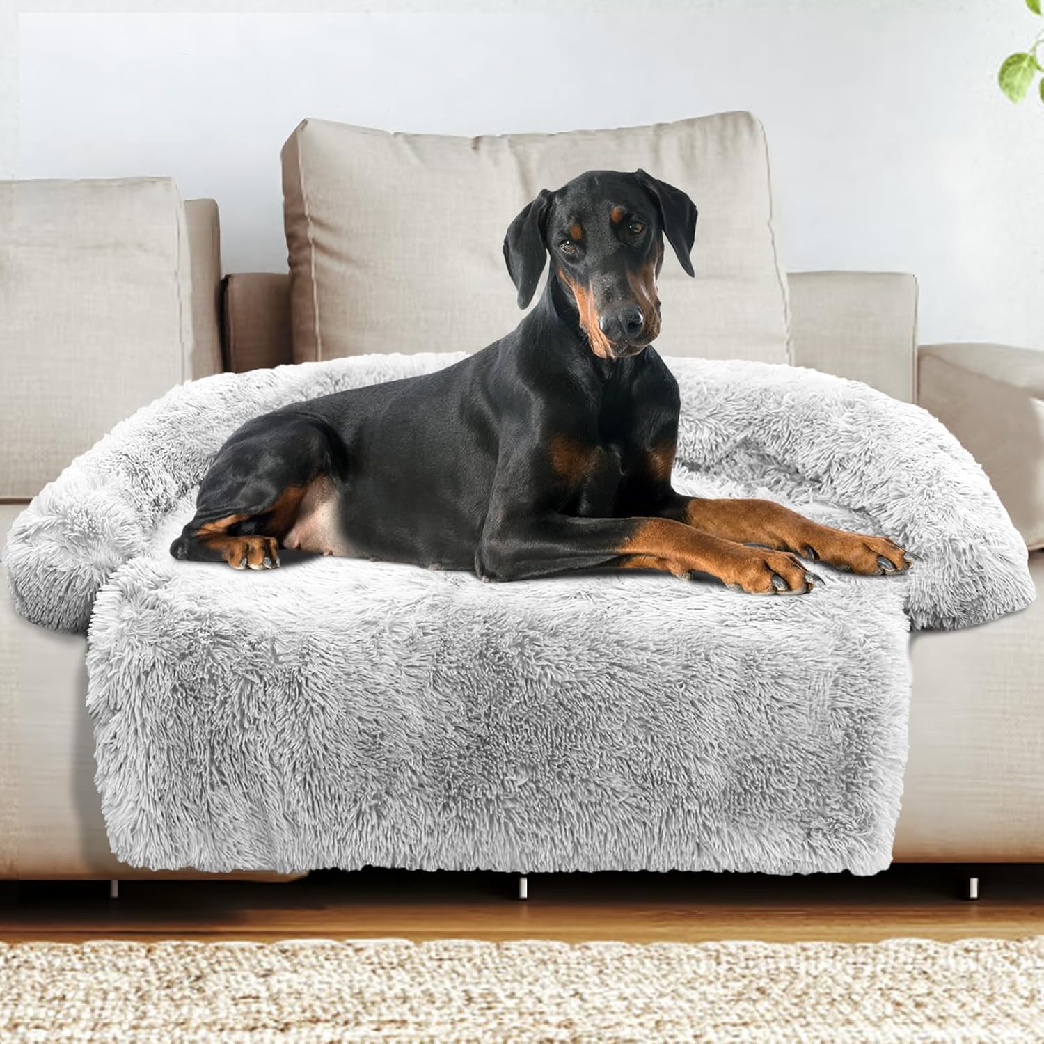 GGIB Calming Dog Bed Fluffy Plush Dog Mat for Furniture Protector with Removable Washable Cover for Large Medium Small Dogs and Cats (Extra Extra Large, Light Grey)