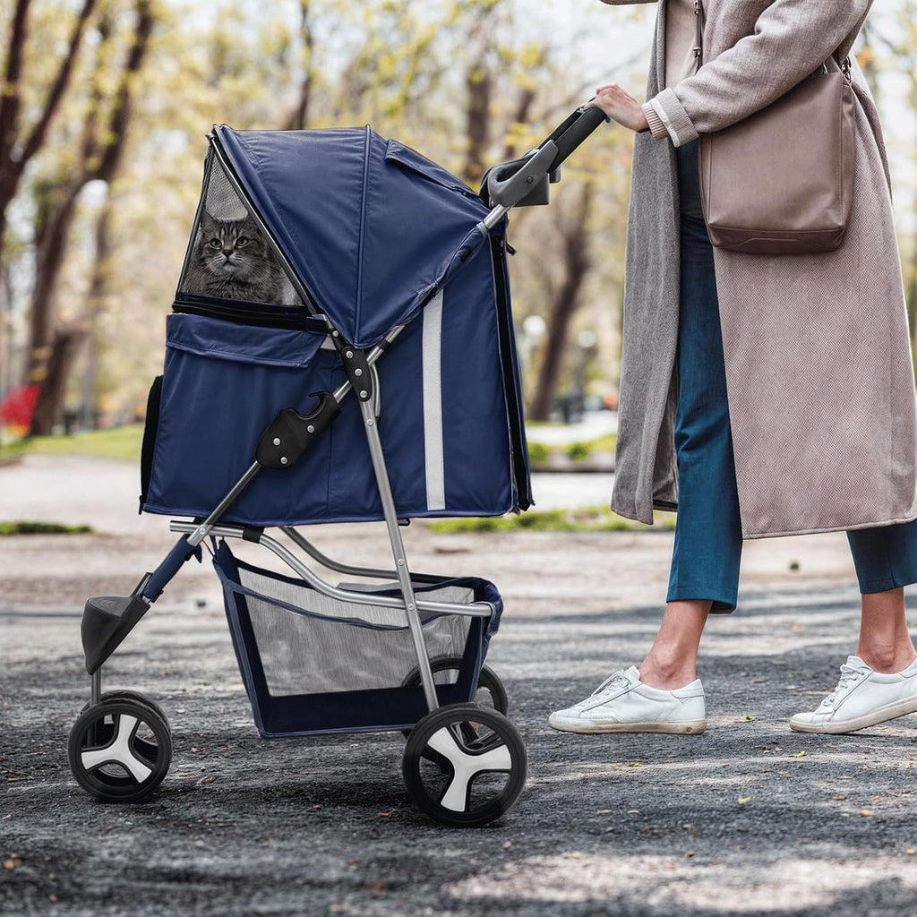 MoNiBloom 3 Wheels Pet Stroller, Foldable Dog Cat Cage Jogger Stroller with Weather Cover for All-Season, Storage Basket and Cup Holder, Breathable and Visible Mesh for Small/Medium Pets, Blue