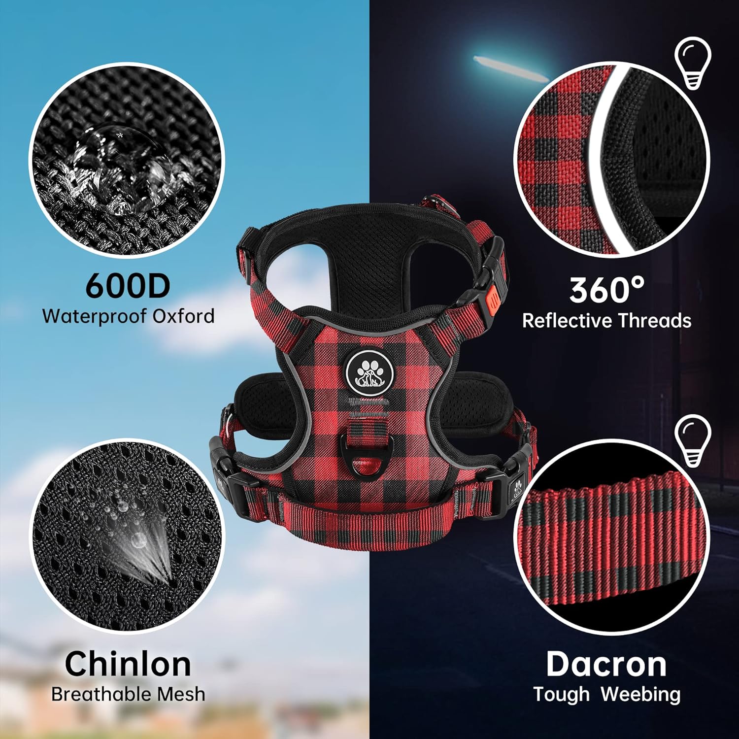 NESTROAD No Pull Dog Harness with Leash, Reflective No Choke Pet Vest Harness,Adjustable Soft Padded Dog Harness with Easy Control Handle for Large Dogs(Checkered Red,X-Large)