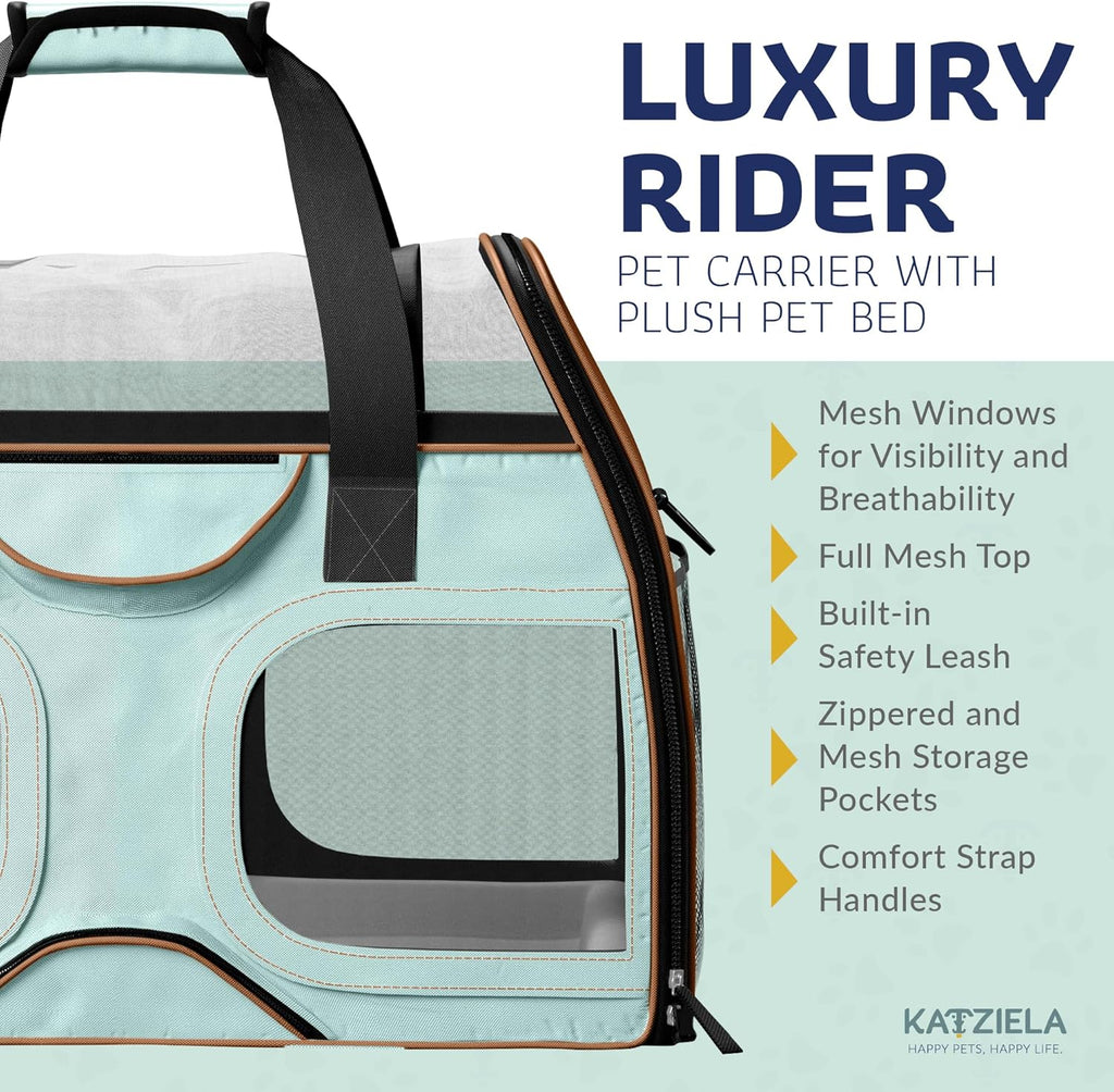 Katziela Pet Carrier - Airline Compliant Dog Carrier - TSA Approved Pet Carrier for Small Dogs and Cats - Soft FAA Travel Airplane Dog Carrier Luggage (Blue/Brown-6 Wheels)