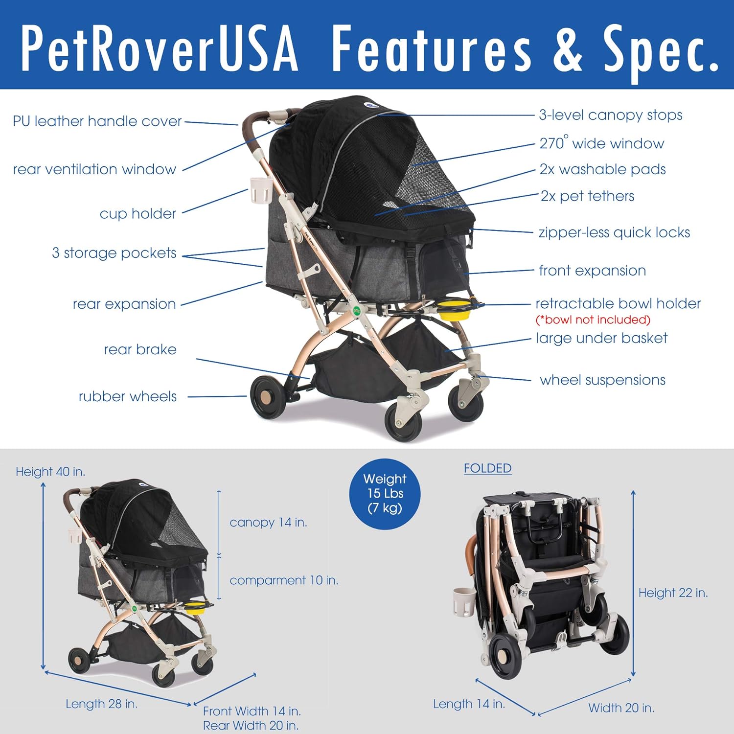 Lite Premium Light-Weight Dog/Cat/Pet Stroller Travel Carriage with Convertible Compartment/Zipper-Less Entry/1-Hand Quick Fold/Aluminum Frame for Small & Medium Pets (Black 2nd-Gen.)