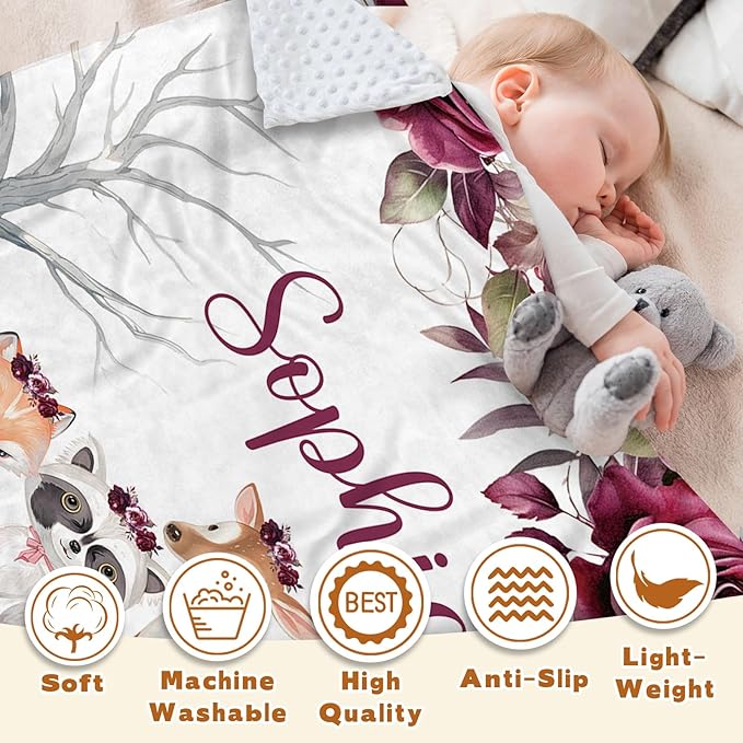 Custom Baby Blanket with Name, Double Layer Soft Dot Back Personalized Baby Blanket for Boys Girls, Woodland Blanket for Newborn Toddler, Customized Swaddle for Kids Birthday Gifts(30”x40)