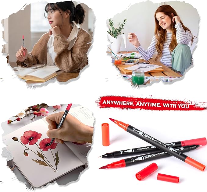 Red Duo Tip Marker Pens, 12 Pack Fine & Brush Markers for Adult Coloring Books No Bleeding, Vibrant Red Markers for Holiday Cards, Bold Lettering, Attention-Grabbing Highlights and Logos