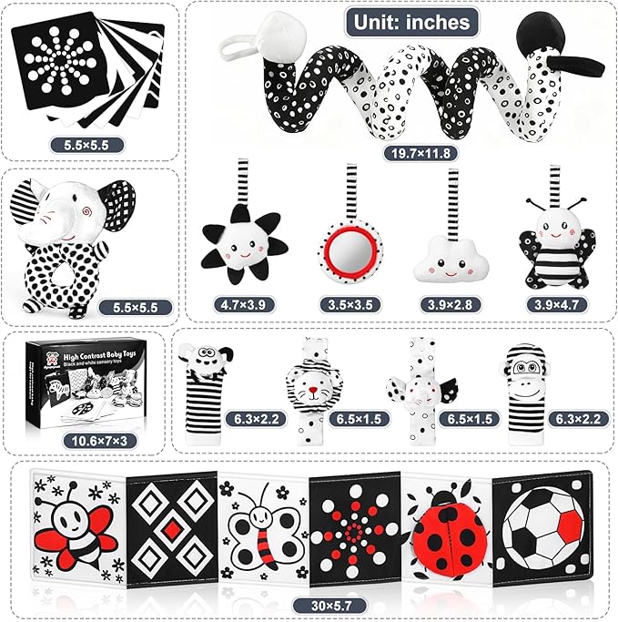 Newborn Toys,High Contrast Black & White Baby Toys 0-6 Months with Sensory Cards & Rattle, Essential for Brain Development, Tummy Time & Car Seat Toys for 0 2 4 6 Month Old