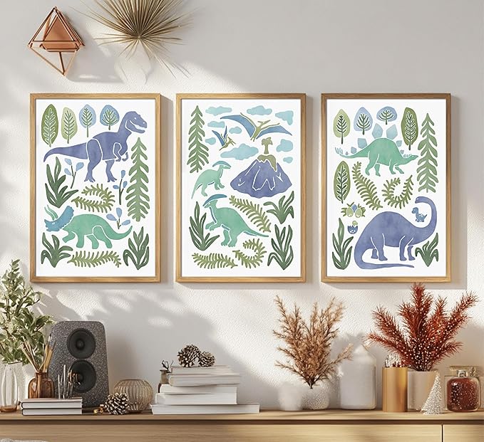 Baby Boys Nursery Wall Art Blue Green Dinosaur Pictures Wall Decor Stegosaurus T-Rex Triceratops Pterodactyl Posters Artwork Watercolor Dino Painting Canvas Prints for Kids Room Toddler Boy Room Decor