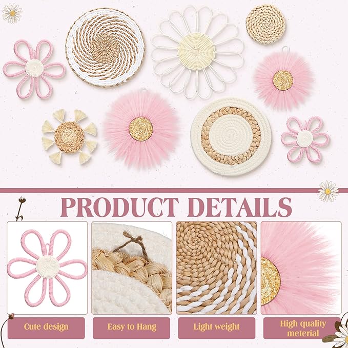 Chunful 9 Pcs Boho Nursery Wall Decor Daisy Flower Woven Macrame Seagrass Rattan Basket Wall Hanging Bohemian Decorations Gifts for Home Dorm Art Farmhouse Bedrooms Living Room(White Pink)
