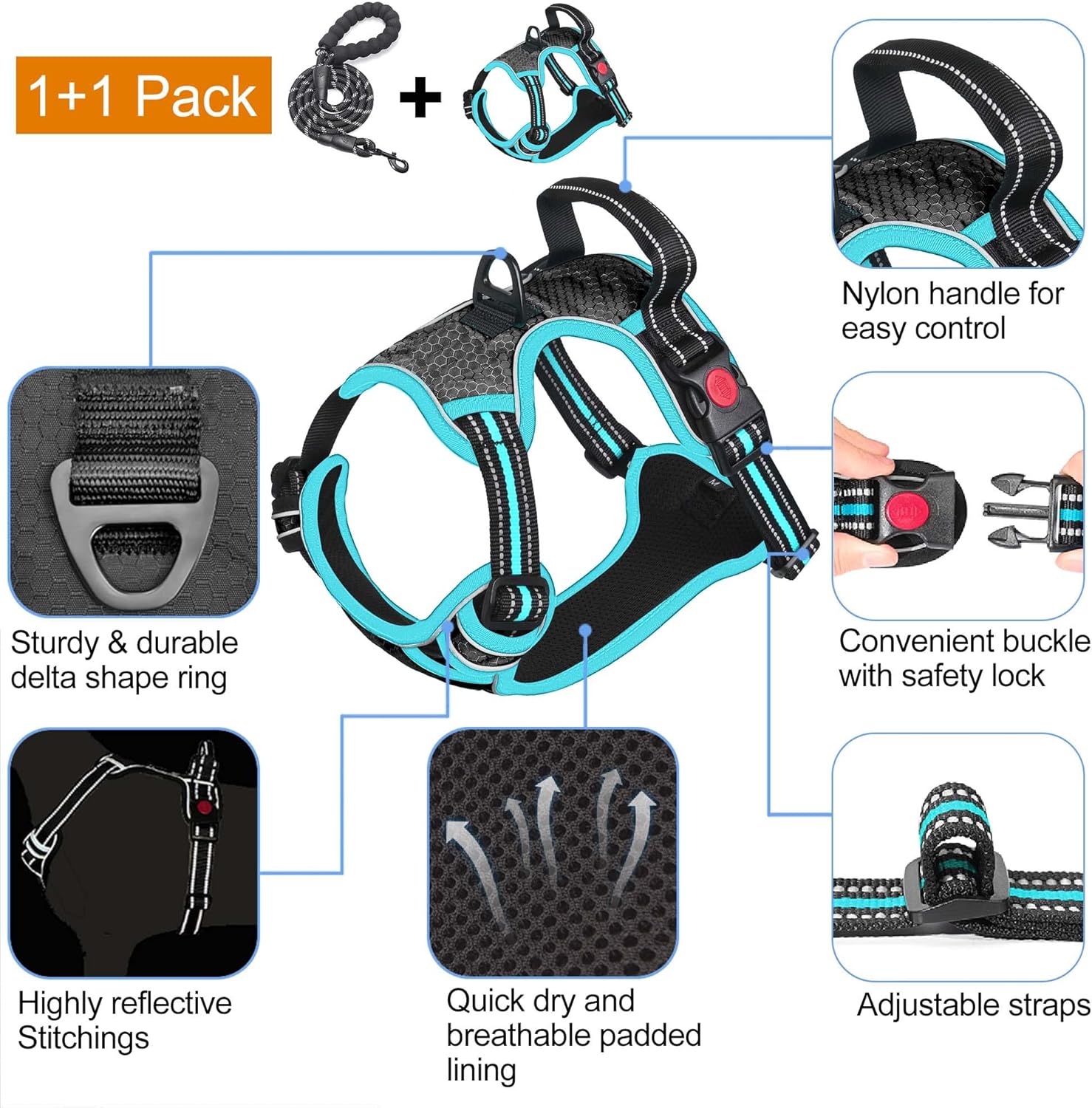 No Pull Dog Harness Adjustable Reflective Oxford Easy Control Medium Large Dog Harness with A Free Heavy Duty 5ft Dog Leash