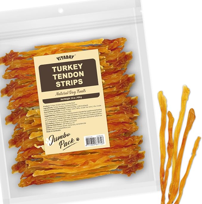 VITADAY All Natural Turkey Tendon Dog Treats, 1 lb | Long-lasting dog training by EnrichTheirVitalDay