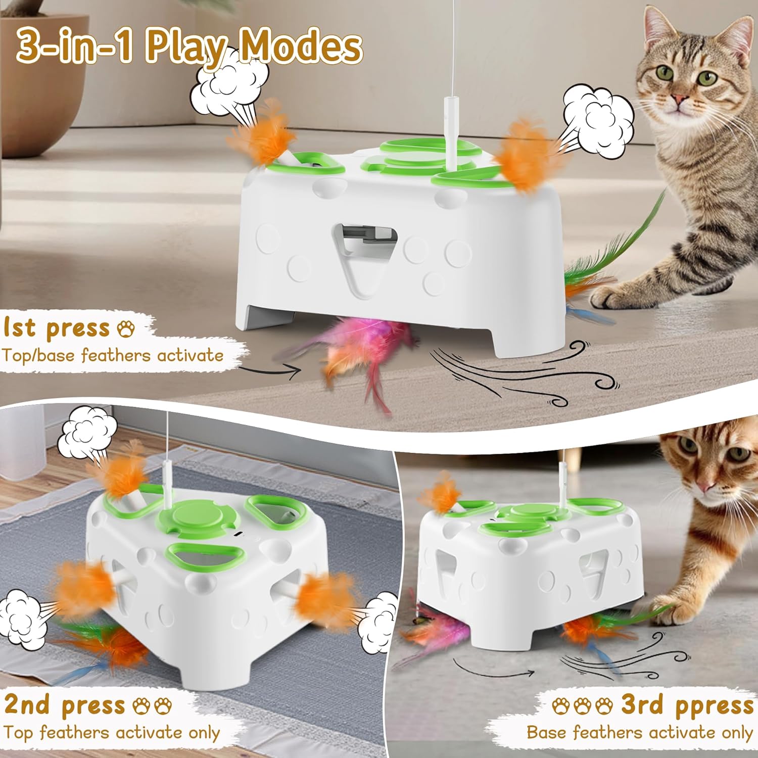 3-in-1 Interactive Cat Toys for Indoor Cats,Automatic Kitten Toy,Flying Bird,6 Holes Mole,Rotating Feather, Rechargeable USB Interactive Cat Feather Toys for Bored Indoor Cats
