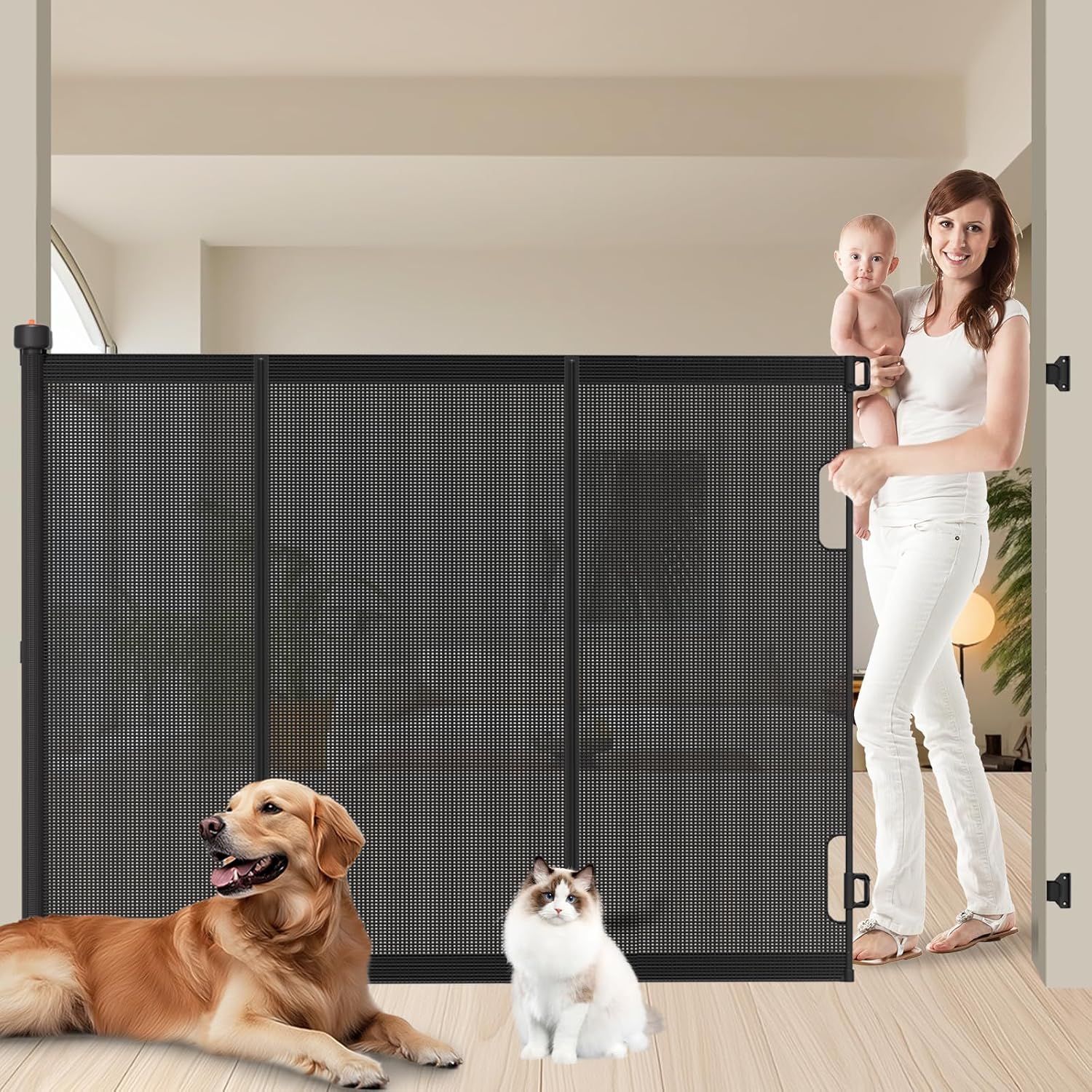 Extra Tall Retractable Baby Gates: 51" Tall Pet Gate, Extend up to 200" Wide, Mesh Baby Gate with Support Rods Jump-Proof Design for Cats & Large Dogs High Dog Cat Door Indoor Outdoor, Black