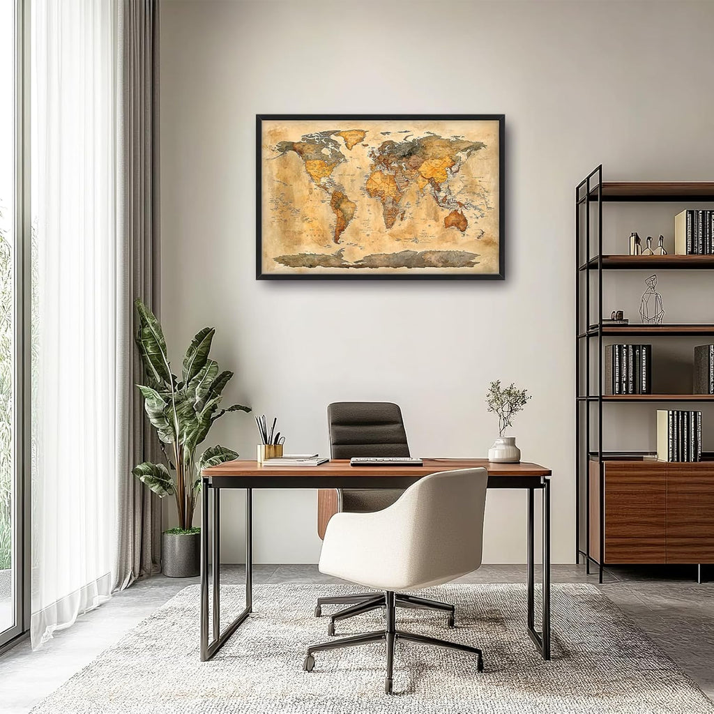 Extra Large World Map Framed Wall Art for Living Room,Oversized Vintage Map of The World Pictures Wall Decor,Canvas Print Painting Modern Artwork Bedroom Office Bathroom 36L" x 24W"