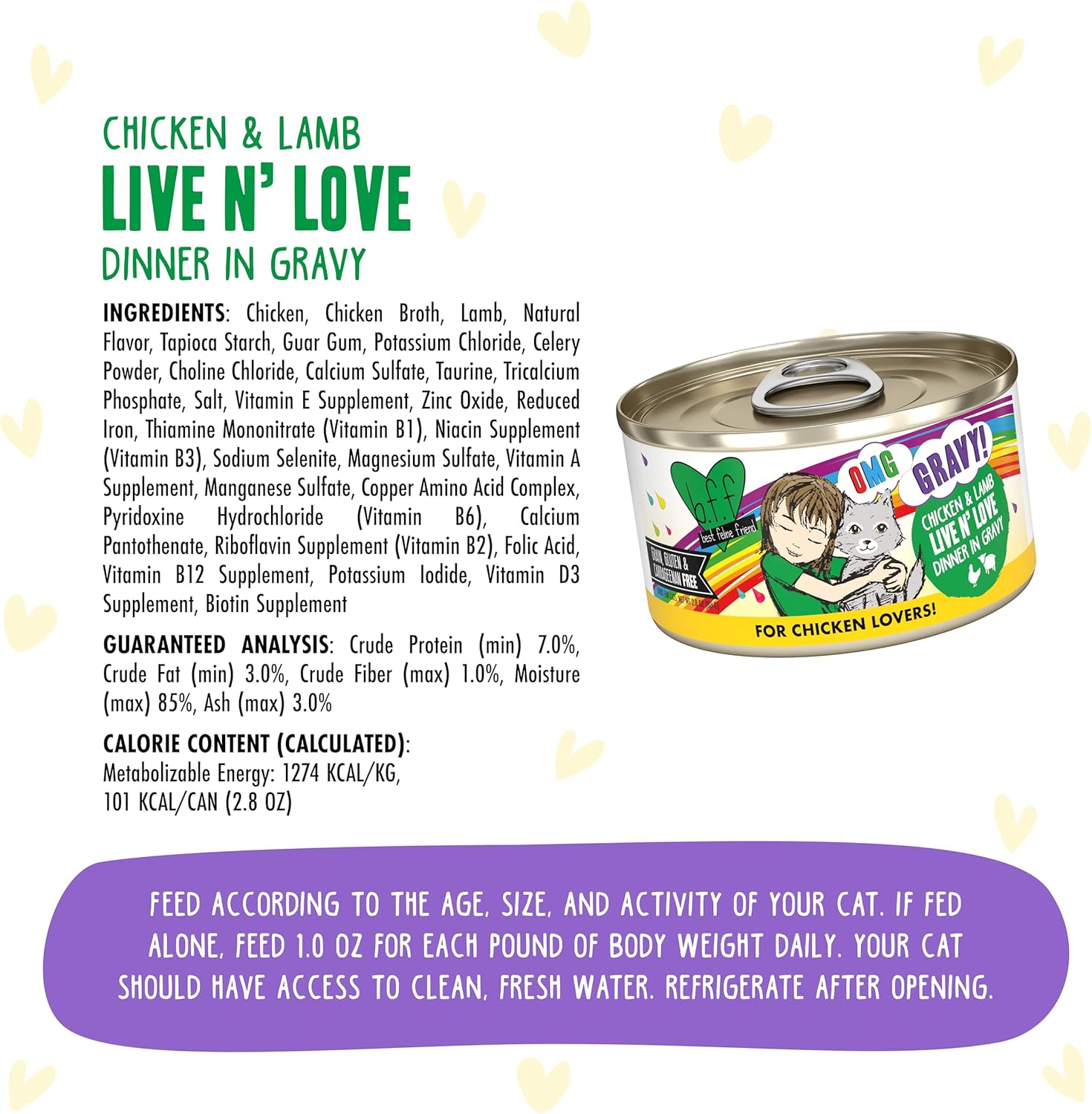 Weruva B.F.F. OMG - Best Feline Friend Oh My Gravy!, Chicken & Lamb Live N' Love with Chicken & Lamb in Gravy, 2.8oz Can (Pack of 12)