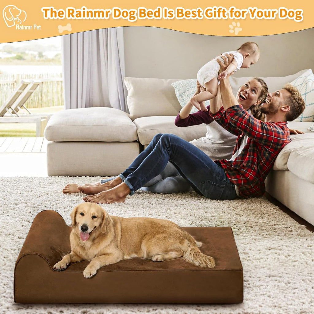 Large Orthopedic Dog Bed, 7" Memory Foam with Waterproof Liner, Chew Resistant Microsuede Cover, Removable and Washable, for Indoor, Outdoor, and Car Use, Nonskid Base, 52"x36" XL Brown