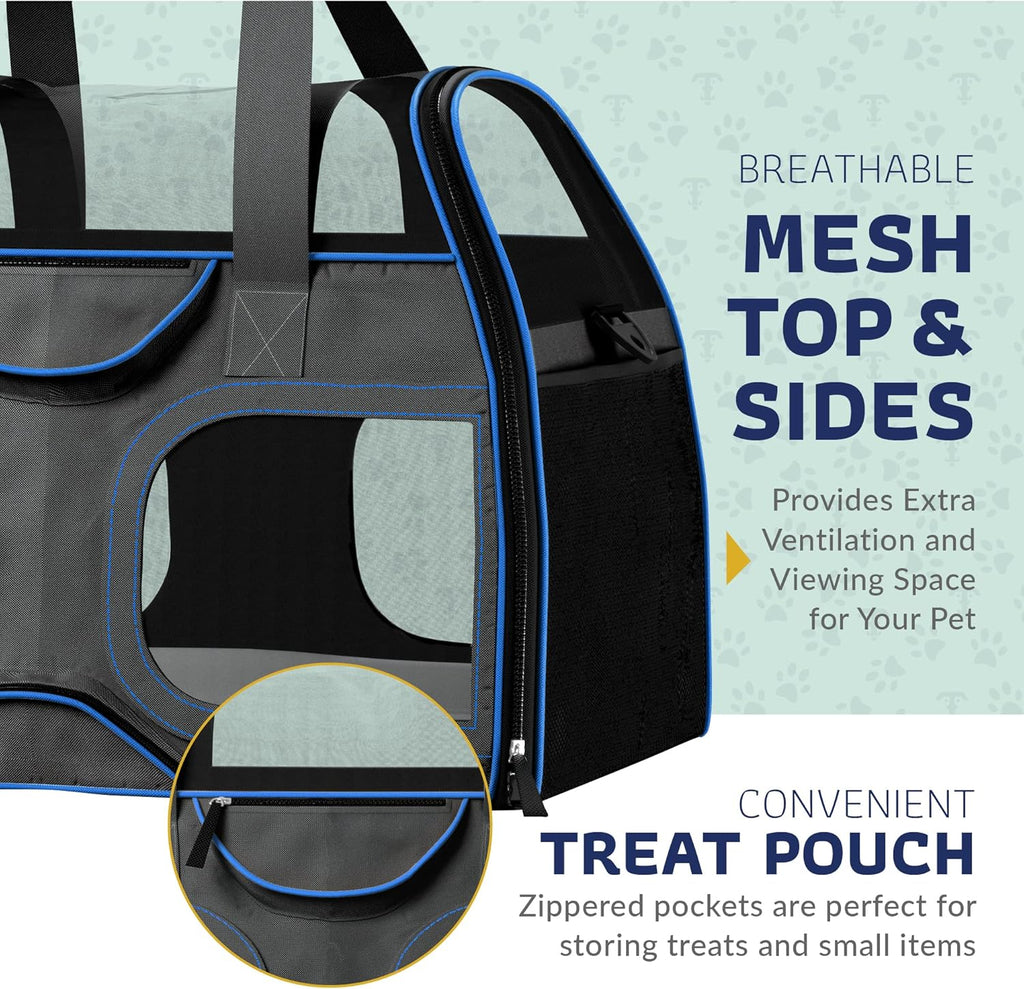 Katziela Pet Carrier - Airline Approved Dog Carrier - TSA Approved Pet Carrier for Small Dogs and Cats - Soft FAA Travel Airplane Dog Carrier Luggage (Black/Blue)