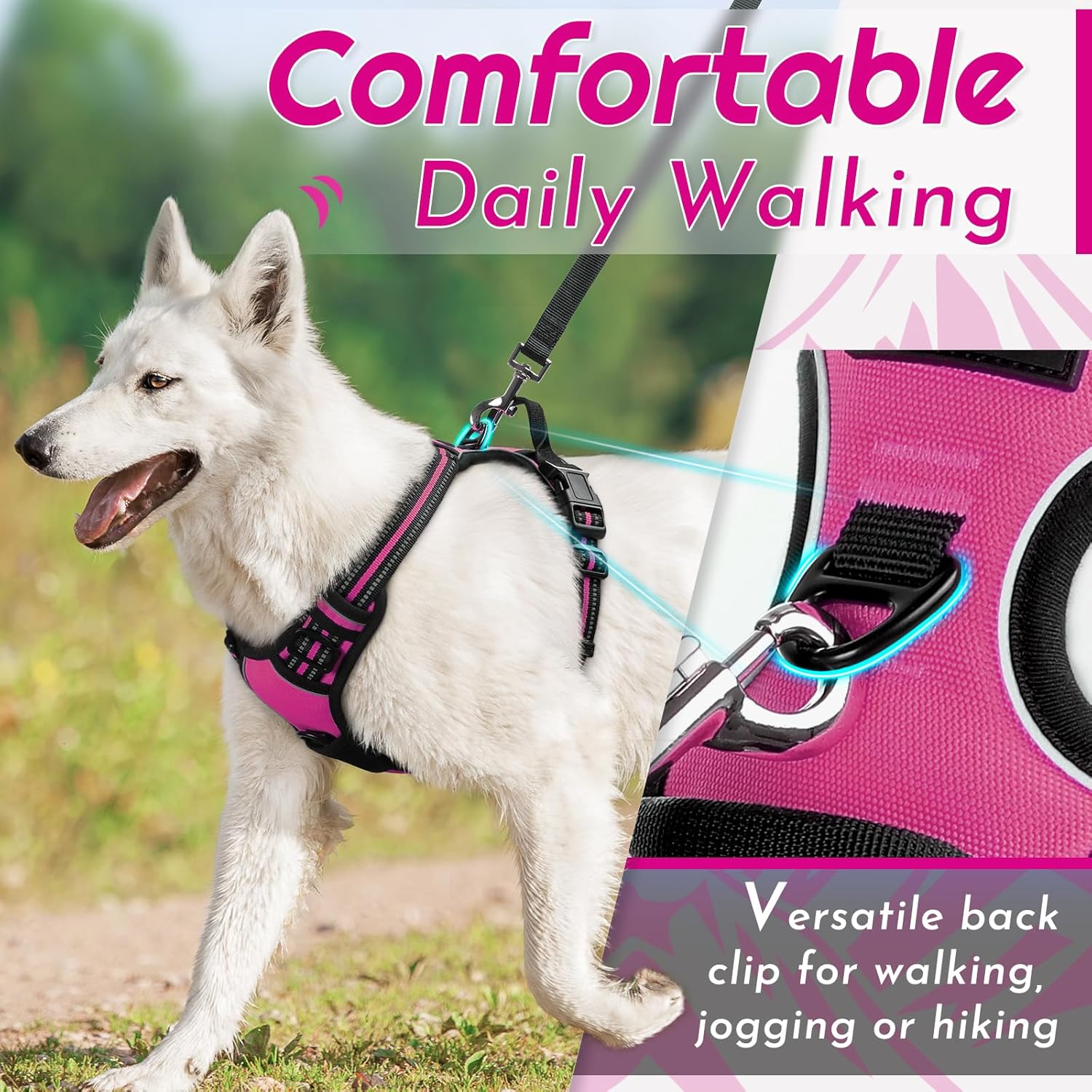 Eagloo Dog Harness for Large Dogs, No Pull Service Vest with Reflective Strips and Control Handle, Adjustable and Comfortable for Easy Walking, No Choke Pet Harness with 2 Metal Rings, Rose Red, L