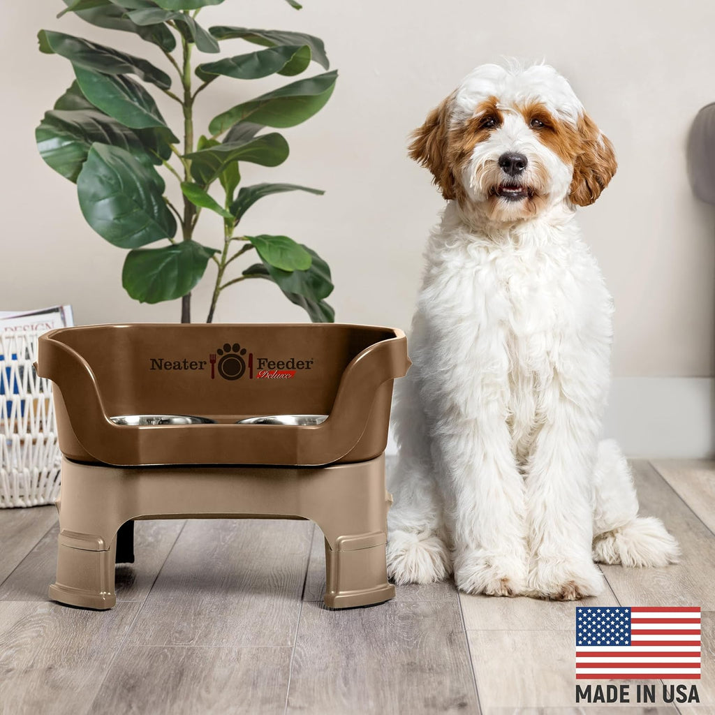 Neater Feeder Deluxe Mess Proof Dog Bowls Elevated Medium Sized Dogs (19-40 lbs) Made in USA, No Spill Raised Dog Food Bowl Stand w/Leg Extension, Stainless Steel Food and Water Bowl Set, Bronze