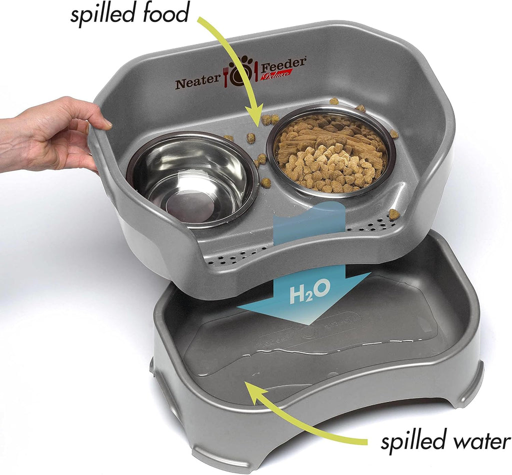 Neater Feeder Deluxe Mess Proof Dog Bowls Elevated for Large Dogs – Made in USA – No Spill Raised Dog Food Bowl Stand w/Leg Extensions – Stainless Steel Dog Food and Water Bowl Set – Grey