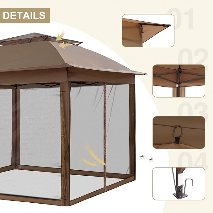 EAGLE PEAK 11x11 Pop Up Gazebo with Mesh Netting, Easy Up Screened Canopy for Patio and Backyard, Easy Set up Outdoor Gazebo (Brown)