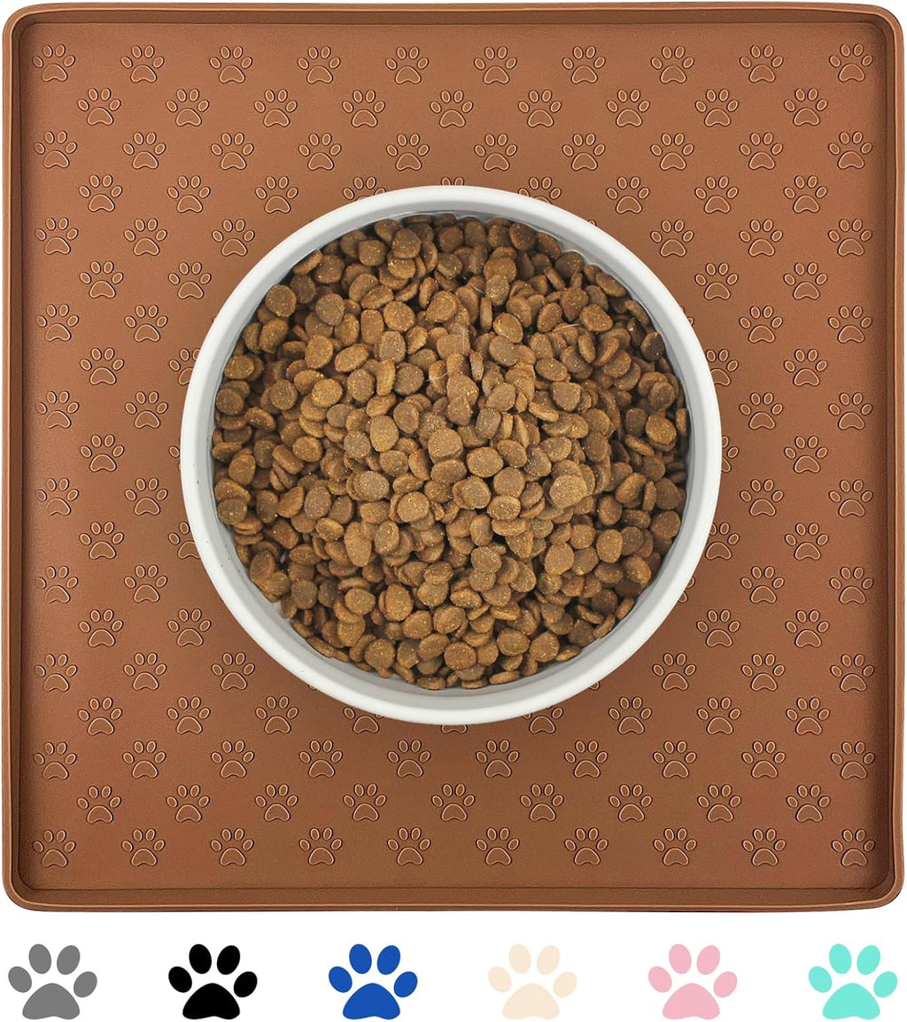 Ptlom Pet Placemat for Dog and Cat, Waterproof Silicone Pet Feeding Bowl Mats for Food and Water, Small Medium Large Dogs Mat Prevent Residues from Spilling to Floor, Brown, 11.8"x11.8"