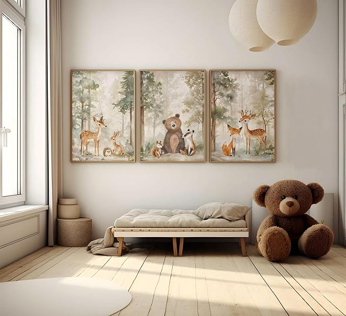 3Pcs Woodland Animal Nursery Canvas wall art Wild Animals Forest Paintings Pictures Wall Decor Fox Bear Deer Watercolor Poster Printing Artwork for Boys Room Girls Room Home Decoration Unframed