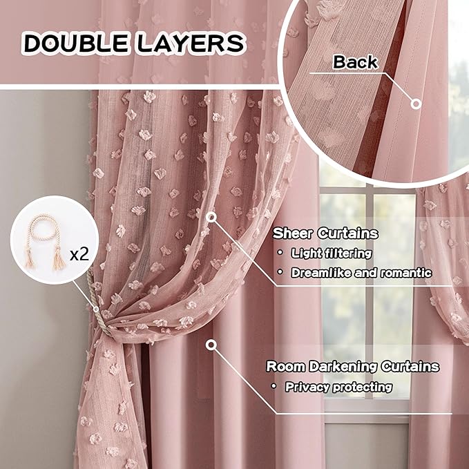 MYSKY HOME Pink Curtains for Bedroom 72 Inches Long Nursery Curtains Pom Pom Pink Sheer Curtains for Girls Room Double Layer for Toddler Bedroom Grommet Room Darkening Window Panels 52 x 72 Inch