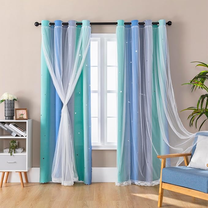 XiDi Blue Green Grey Curtains 96 Inches Long for Girls Bedroom 2 Panels Set, Blackout Rainbow Grommet Curtains for Kids Room Decor, Unicorn Wall Decals Drapes for Little Girl Nursery 34 Inches Wide