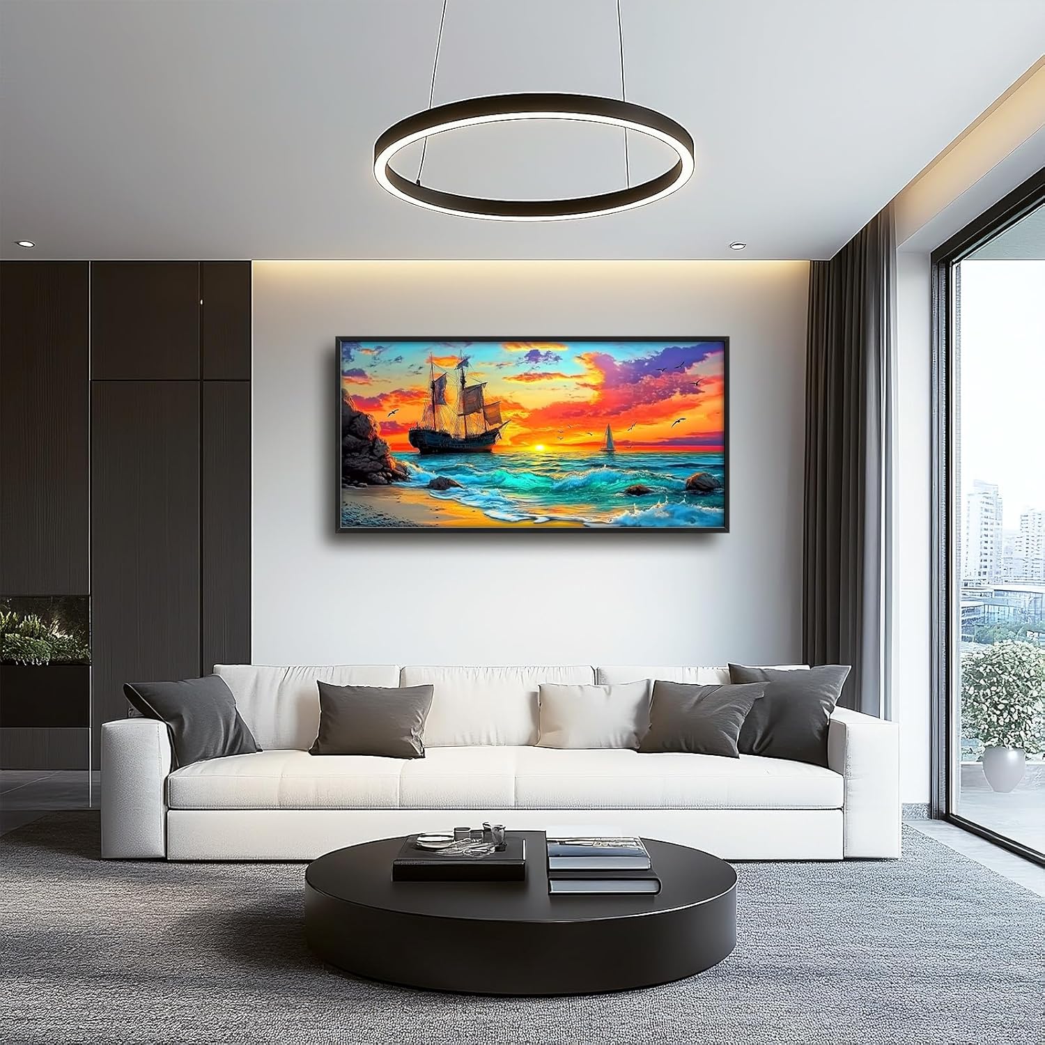 Framed Large Ship Wall Art for Living Room, Oversized Coastal Beach Boat Wall Decor Nautical Seascape Sailboat Canvas Painting Modern Artwork Home Decoration for Living Room Bedroom 60"x30"