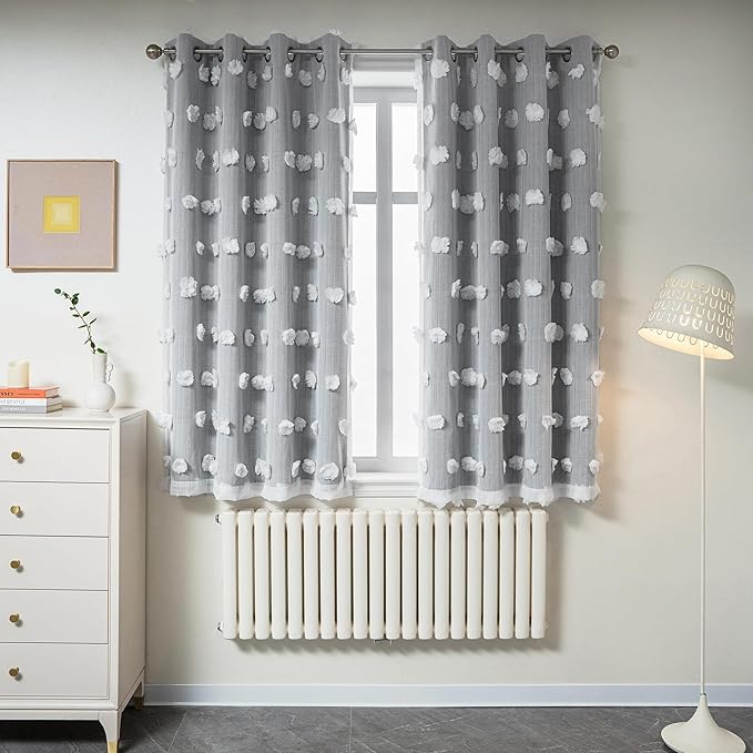 MYSKY HOME Grey Curtains for Bedroom - 54 Inch Long, Double Layer, White Pom Pom, Sheer, Grommet, Darkening, Small Window, 2 Panels, 52 x 54 in