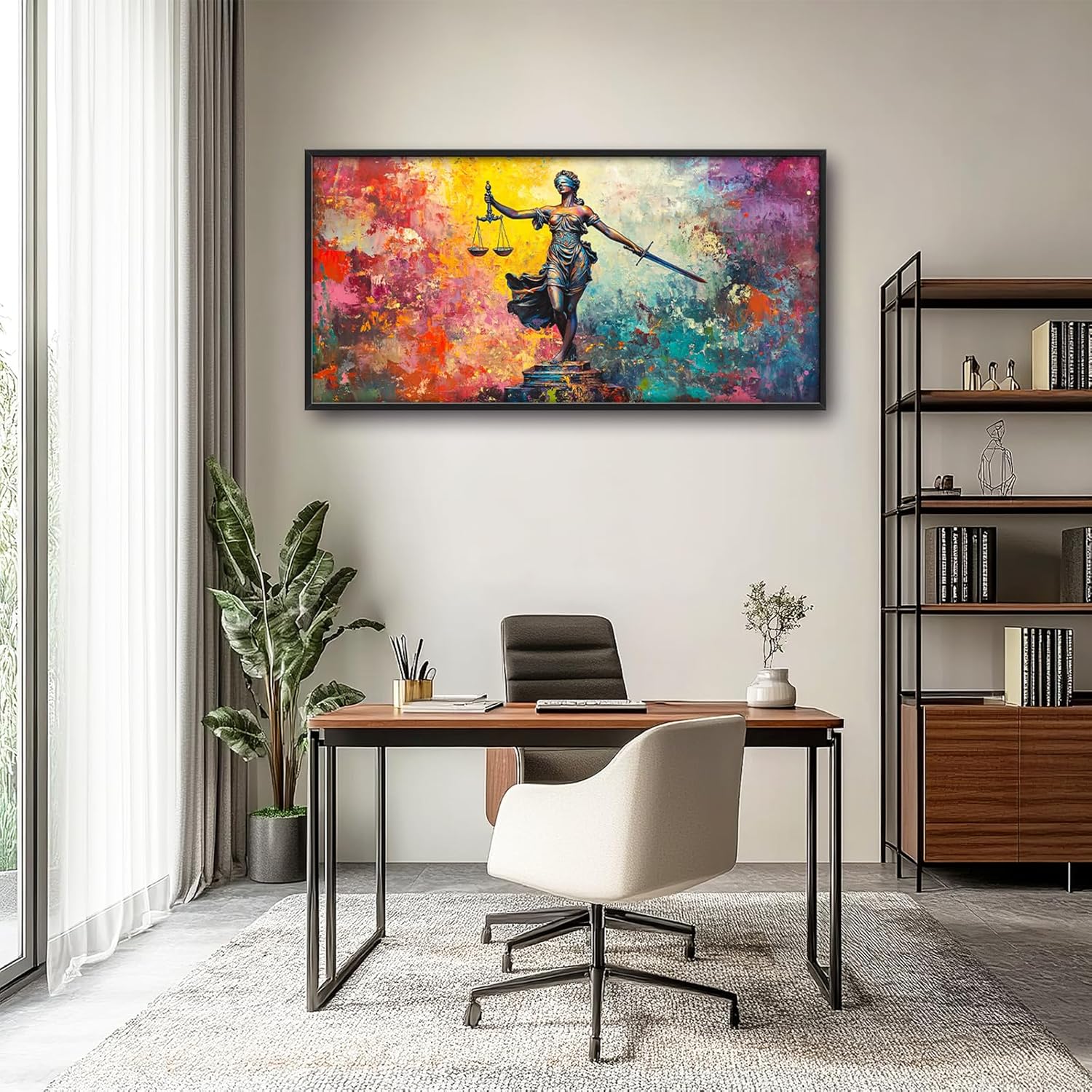 Extra Large Lady Justice Framed Wall Art for Living Room,Oversized Scales of Justice Pictures Wall Decor,Abstract Colorful Canvas Print Painting Modern Artwork Bedroom Office Bathroom 60L" x 30W"